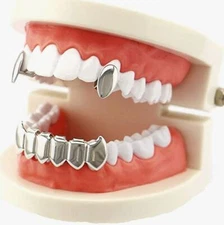 Shiny Silver High Quality Upper & Lower Teeth Grillz Vampire Dracula Fangs 3pc