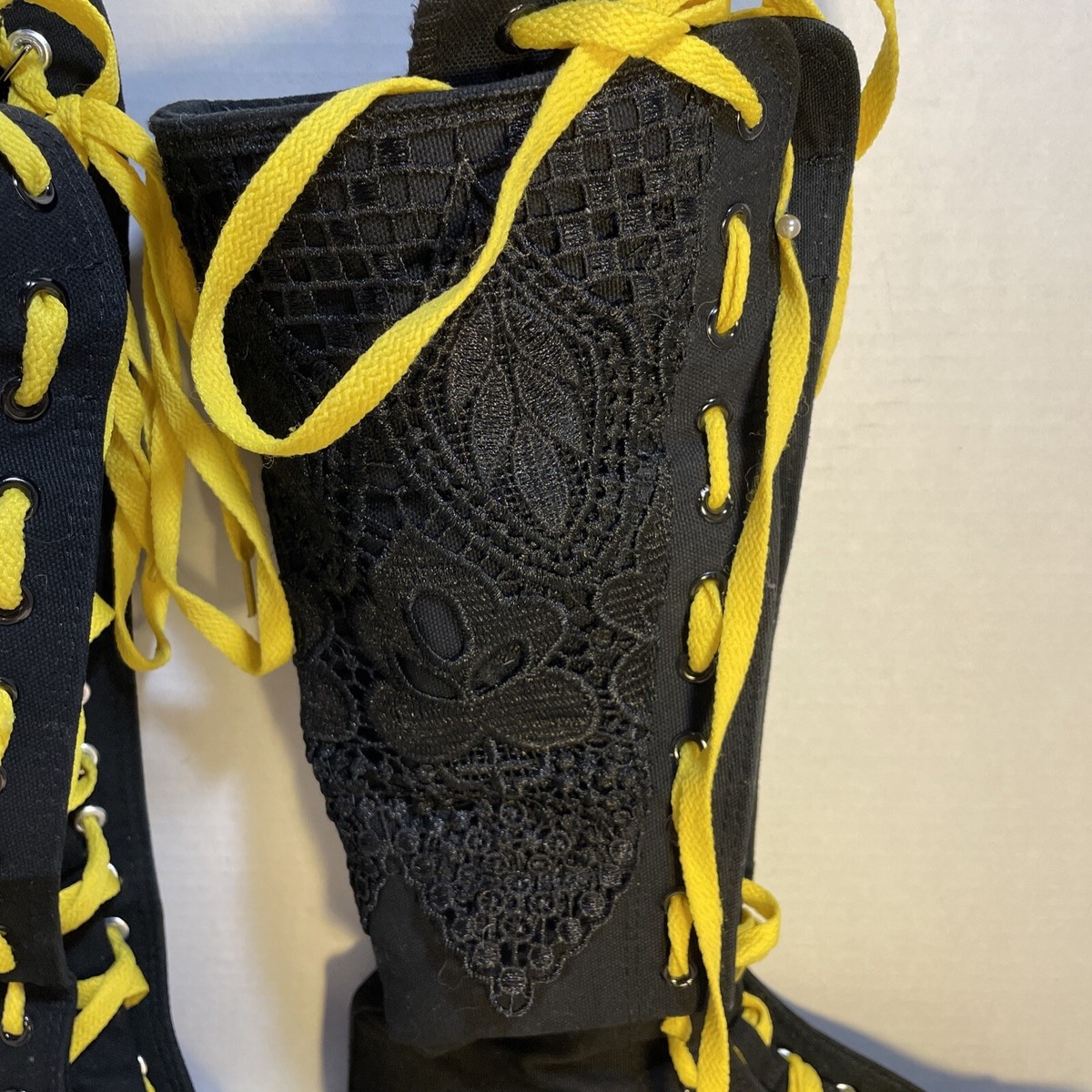 YUANBU Black Canvas Sneaker Boot Tall Lace Up 15” Lace On