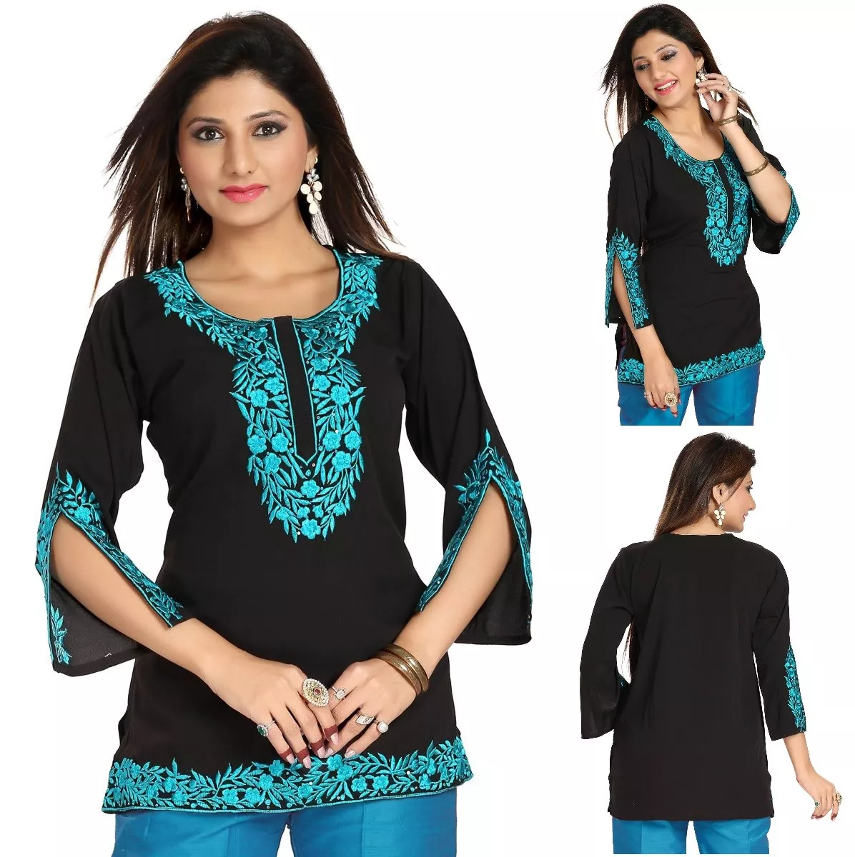 Black Color Cotton Fabric 3/4th Sleeves V-Neck Casual Short Kurti