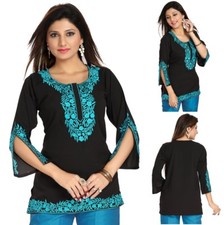Women Designer Short Fancy Ethnic Top Embroidery Kurti Tunic Black Shirt RJ08