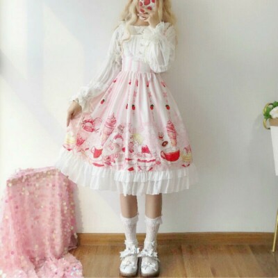 Strappy Lolita Dress Girls Women Ruffle Retro Cosplay Lace Flounce Sleeveless