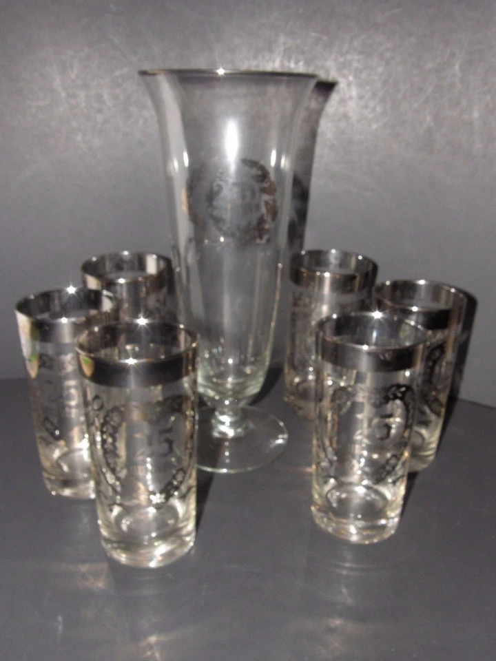 LOTE DE 7 PIEZAS. JUEGO DE JARRA Y CRISTAL 25 ANIVERSARIO PLATA CON DETALLES PLATEADOS Foto 4 de 4