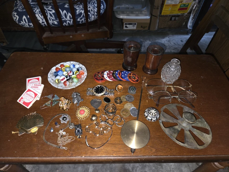 Lote de cajones de chatarra de colección artículos diversos canicas coincide con relojes joyas .925 Foto 3 de 4