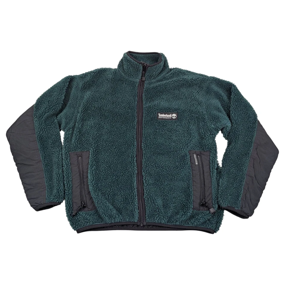Chaqueta polar Timberland verde Sherpa de colección para hombre etiqueta M (ajuste L) cremallera completa hecha en EE. UU. Foto 2 de 4