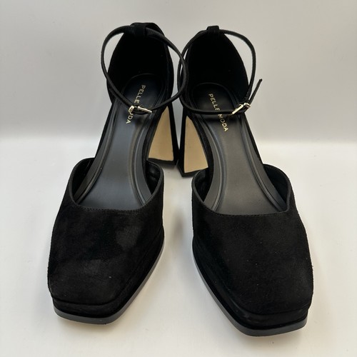 Pelle Moda Delores SU Black Kid Suede Pump Womens 7.5M Ankle Strap Platform