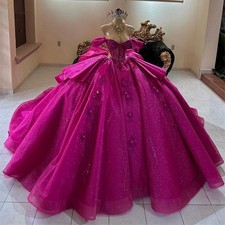 Rose Pink Quinceanera Dresses Off Shoulder Lace Applique Bow Ball Gowns Sweet 16
