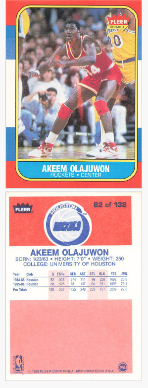 1986 Fleer Premier Akeem Olajuwon #82/132 Houston Rockets NBA Base Set