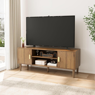 Walnut TV Stand with Line Groove Design, 47.2'' Mid Century Modern TV Media Conso