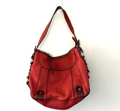 Fossil Red Leather Shoulder Bag Hobo Purse Contrast Stitching