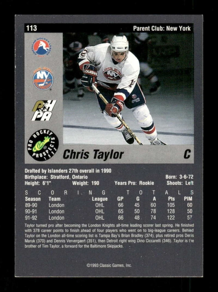 1993 Classic Pro Hockey Prospects 113 Chris Taylor signed auto autograph  BXCP52 - Image 2 of 2