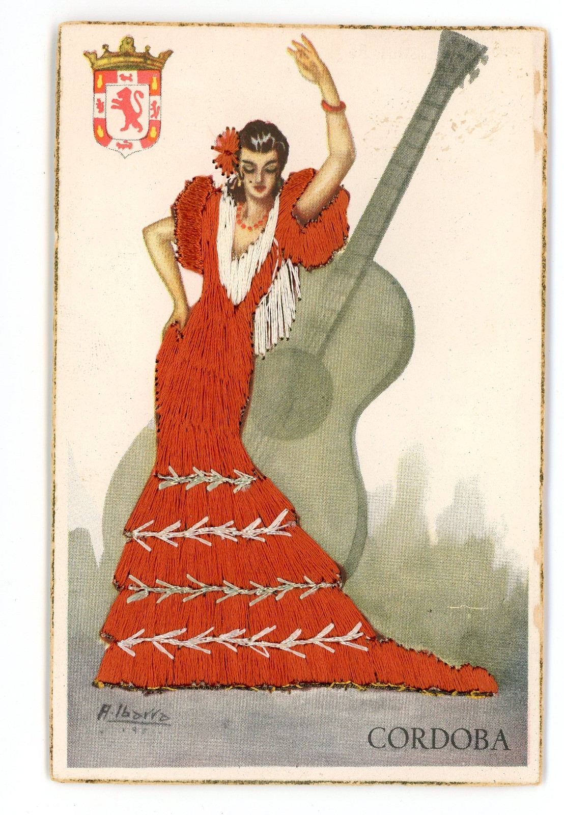 Guitarra Bailarina Flamenca Roja Córdoba Seda Bordada Postal España A. Ibarra