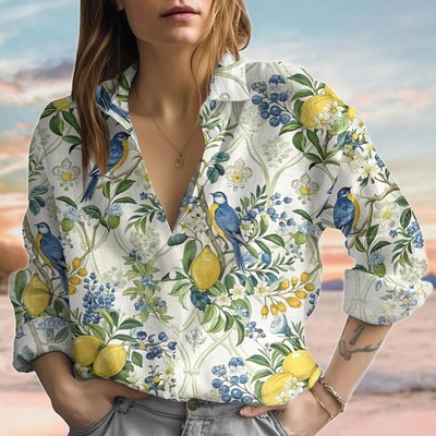 Lemon Bird Garden Blouse Cottagecore Botanical Shirt Gift for Nature Lover