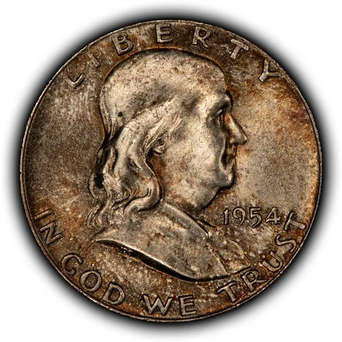 1954 50c Franklin Silver Half Dollar - Colorful Original Toning - UNC - H3818