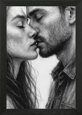 Monochrom Küssendes Paar Zeichnung Gerahmtes Wandbild Poster Leinwanddruck Bild