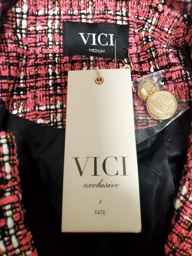 VICI Blazer Tweed Nubby M Double Breasted NWT Pink/Black/Wht Gold Preppy Classic - Picture 11 of 15