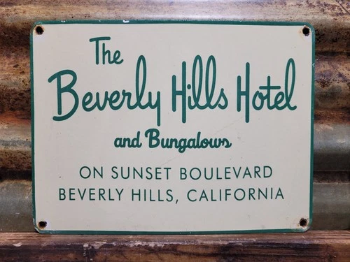 VINTAGE BEVERLY HILLS HOTEL PORCELAIN SIGN OLD SUNSET BOULEVARD CALIFORNIA MOTEL