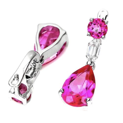 Natural Surface Coated Pear Pink Topaz 12x8mm Simulated Cz 925 Silver Earrings - Picture 3 of 3