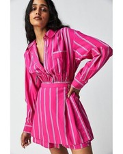 FREE PEOPLE High Vibrations Shirt Dress Belted Striped Pink UK XL RRP £148