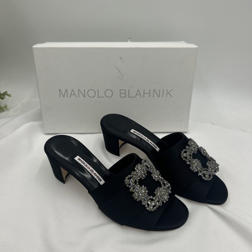 Manolo Blahnik Martanew 50MM Jeweled Black Embellished Satin Mules size 39