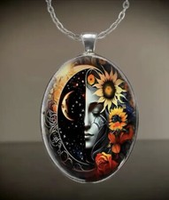 SPIRITUAL MOON FACE FLOWERS PRETTY OVAL NECKLACE PENDANT 