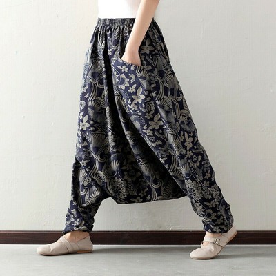 Womens Cotton Linen Harem Drop Crotch Pants Floral Baggy Loose Trousers Long