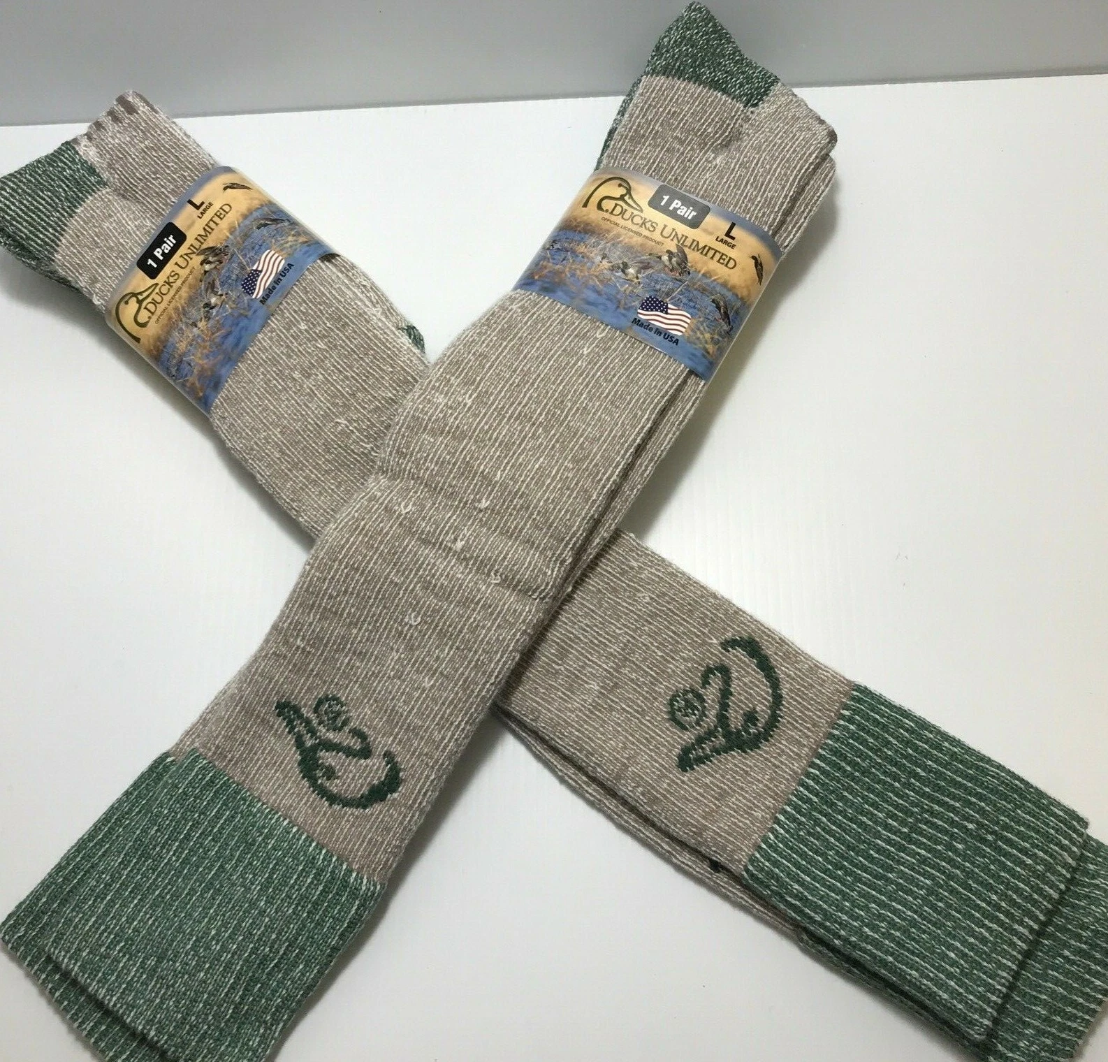 New, Ducks Unlimited Merino Wool Blend Wader Socks, Large, Tan/Green, 2 pr pack