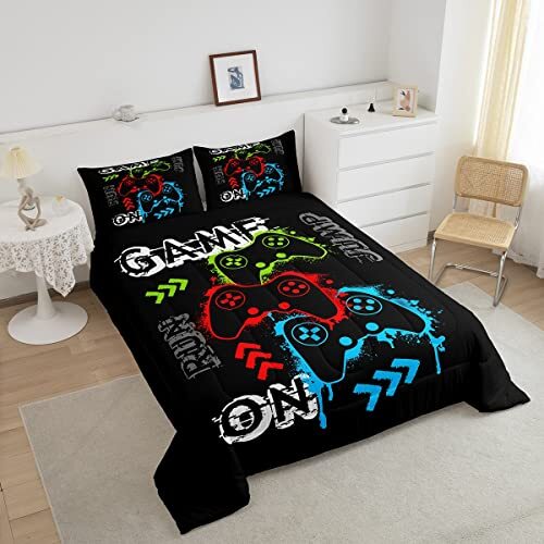 Gamer Duvet Cover Set Queen Size - Reversible Controller Design, Video Game Bedding For Boys/Teens