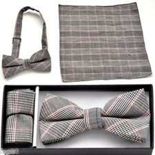 New Pre Tied Bow Tie Pocket Black White Red Hankie Handkerchief Plaid Checkers