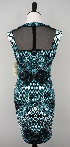 New SANGRIA Blue Black Turquoise White Stretch Lace Bodycon Pencil Dress Size 6 - Picture 5 of 7