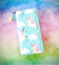 Unicorns Clouds and Hearts Theme Large Zipper Wallet Pale Teal Color