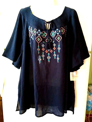 #ad NEW CATHERINES NAVY EMBROIDERED LIGHTWEIGHT KEYHOLE TIE ELASTIC NECKLINE TOP 5X $34.77