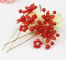 1 Haarnadel Blumen Perlen Hochzeit Strass Tiara Diadem ROT Braut Haarschmuck
