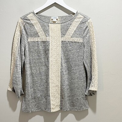 SUNDANCE CATALOG Women s Gray Linen Crochet Lace Detail JUSTINE Tee Sz Petite S