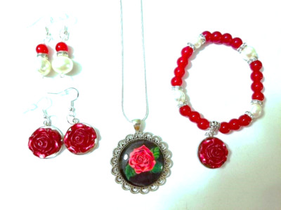 Rote Rosen Set Ring Süßwasser Perlen Armband 2 Paar 925 Sterling Ohrringe