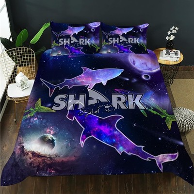 Cartoon Shark Duvet Cover Full Size, Blue Sharks Bedding Set for Kids Boys,Ga...