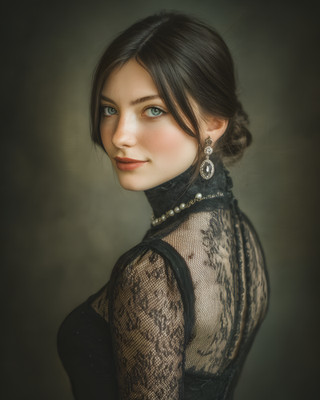 Long Wavy Brunette with an Updo in Black Lace Dress with Necklace Art/675992531