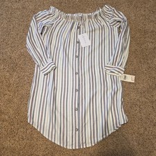 WAYF Striped Button Front Off The Should 100% Rayon Shirt Dress M NWT
