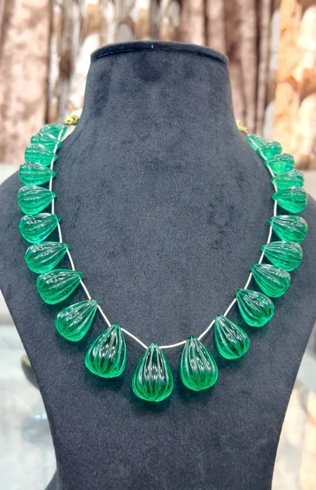 Emerald Carved Gemstone Necklaces Tear Drops 11x16 , 16x29 MM 2 Line - Image 4 of 4