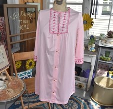 60s Komar Embroidered Boho Night Gown Pink Long Sleeve - Size Small