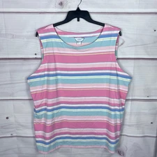 CJ Banks Top Womens 2X Pink Blue Stripe Tank Sleeveless Round Neck Cotton Basic