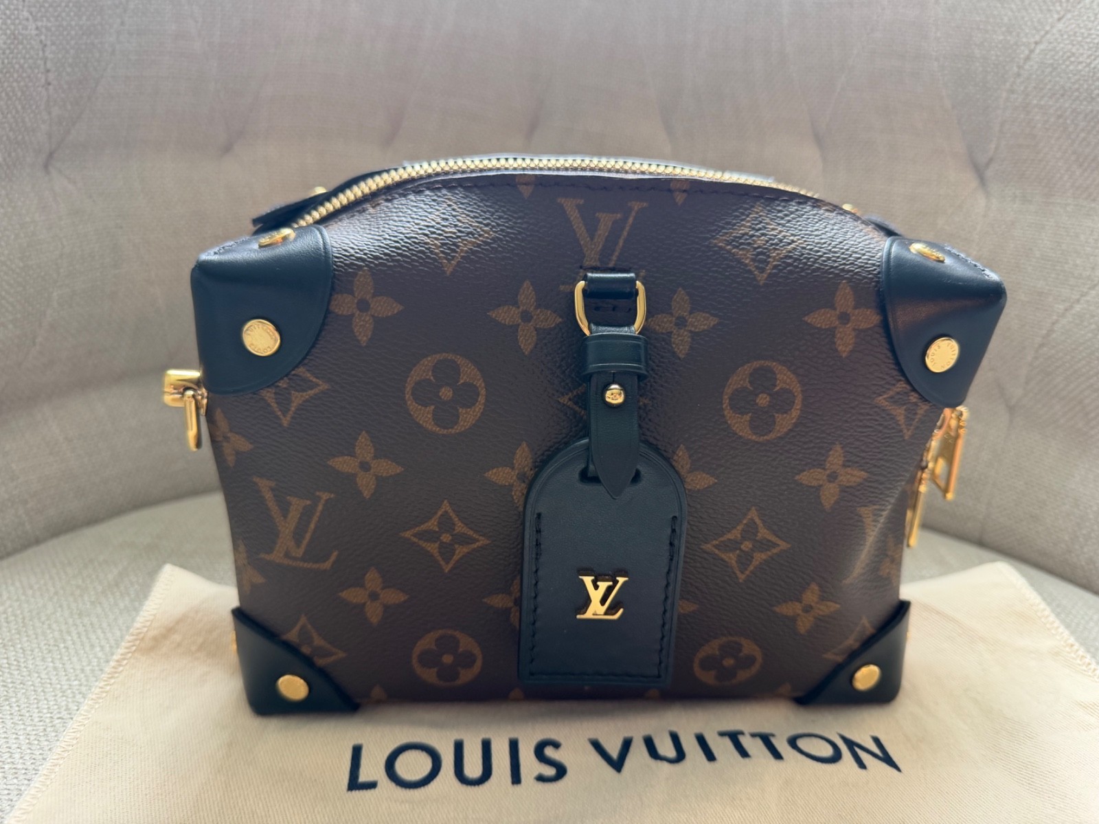 Louis Vuitton Petite Malle Souple Black/Gold Strap Shoulder Bag Brown Canvas