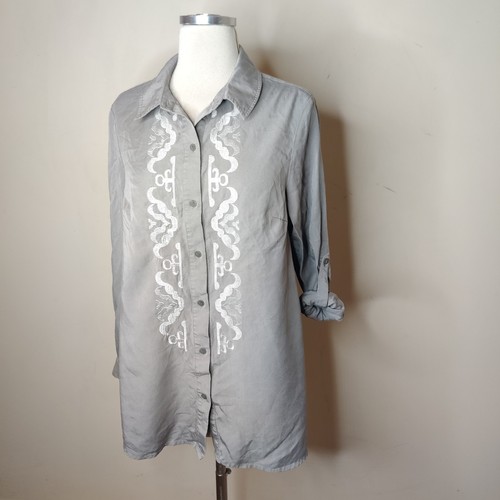 Sahalie Embroidered Button Up Top Medium Women's Tab Sleeve Tunic Length Grey - Picture 4 of 9