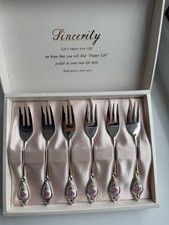 Vintage Simco Art Ware Desert Forks Stainless Steel With Porcelain Floral Ends