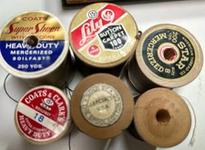 6 Heavy Duty partial Thread Wood Spool 2"x 1 1/4" brown tan off-white black VTG