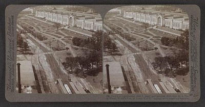 Palace of Agriculture (1600 ft. long) and gardens from high up in ferris wheel,