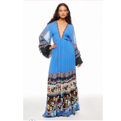 FARM Rio Ainka Tiles Dress Blue Floral Maxi Long Sleeve V-Neck  Boho Sz XS