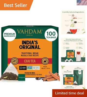Authentic Masala Chai Tea Bags 100 Count - Exotic Spices & High Caffeine