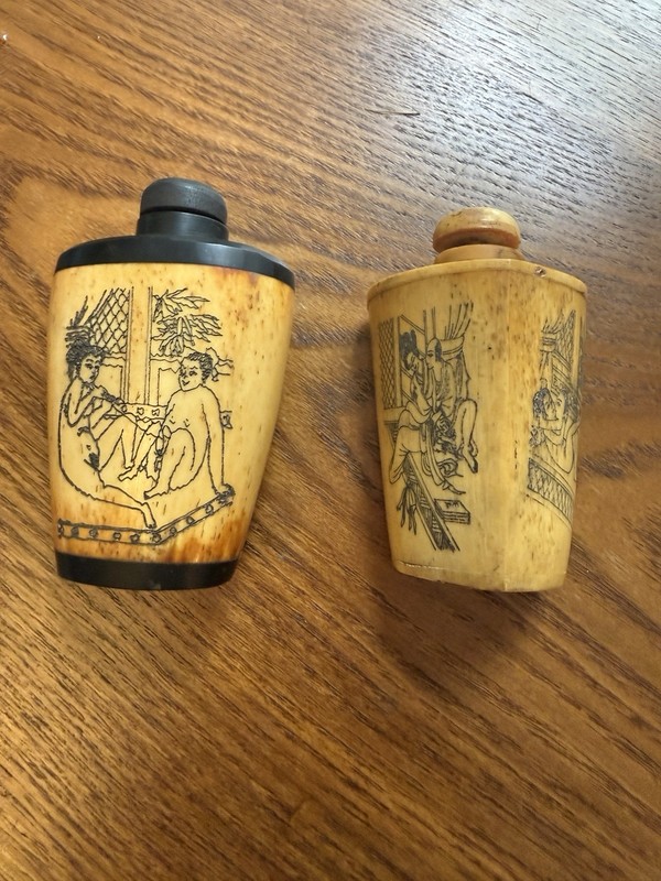 Two antique Snuff Bottles Chinese Hand-Carved Erotica w/spoons
