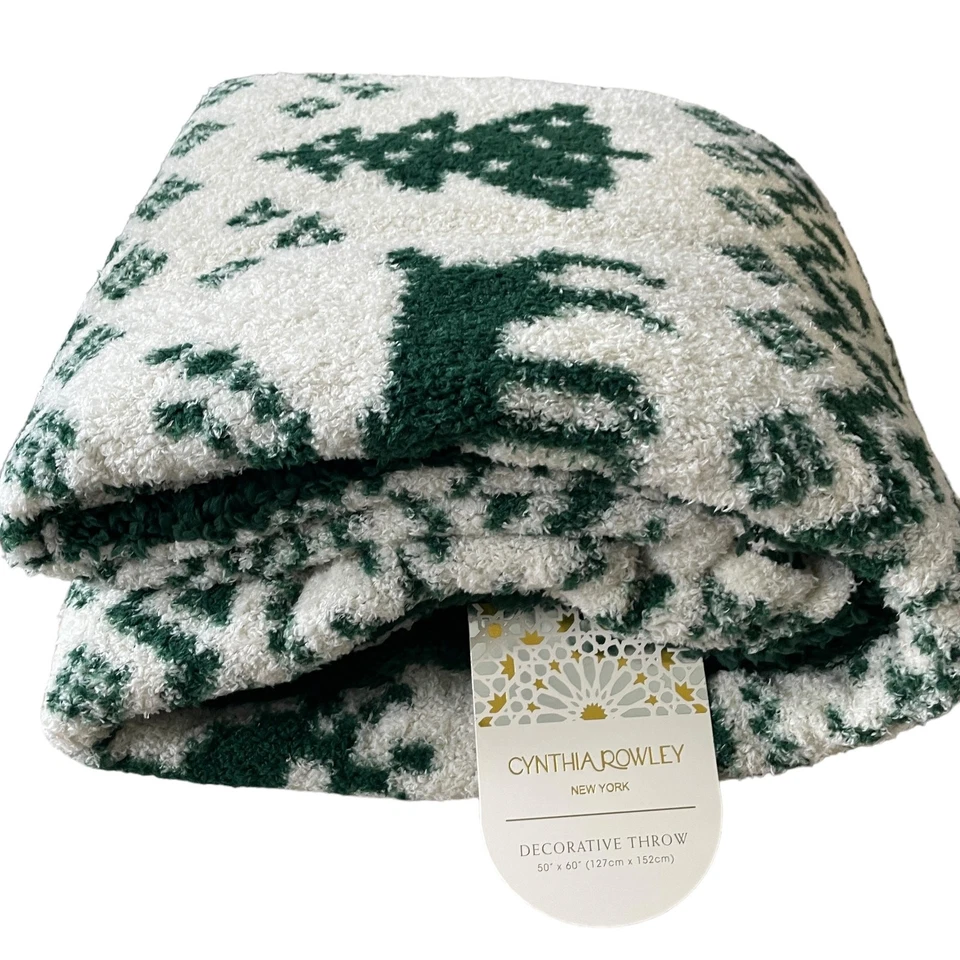 CYNTHIA ROWLEY Navidad Pluma Tejido Tiro 50X60 Reno Vacaciones Verde NUEVO Foto 4 de 4