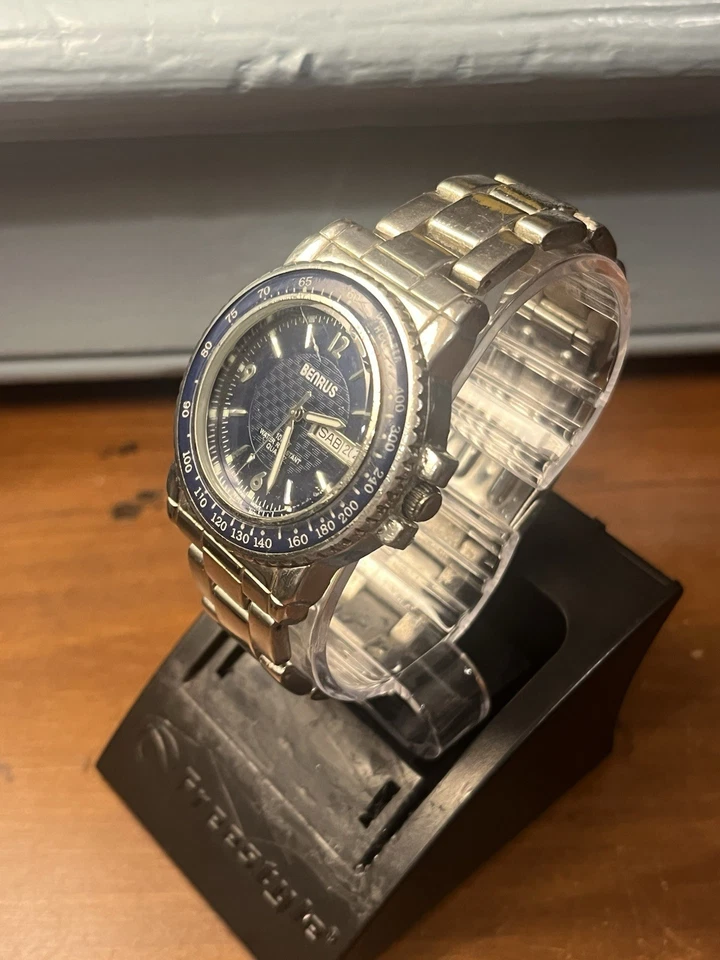 RELOJ PULSERA VINTAGE BENRUS SPORT DIVER DÍA FECHA ESFERA AZUL CUARZO PLATA HOMBRE Foto 3 de 4